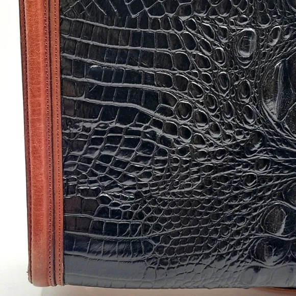 BRAHMIN Black Croc Embossed Crox Leather Shopper's Tote Cognac Leather Strap - Picture 3 of 15